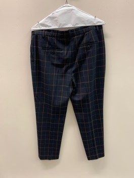 Womens, Slacks, THEORY, Navy Blue, Multi-color, Wool, Plaid, 8, F.F, 2 Faux Front Pockets, 2 Back Pockets, Zip Fly, Light Pink And Rust Orange Plaid
