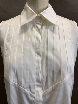 ARMANI, Off White, Polyester, Cotton, Solid, C.A., Sleeveless, Button Front, Hidden Placket, Pleated Chest
