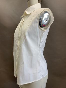 ARMANI, Off White, Polyester, Cotton, Solid, C.A., Sleeveless, Button Front, Hidden Placket, Pleated Chest