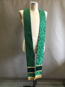 Unisex, Stole, Green, Gold, Polyester, Rayon, Floral, O/S, Green Floral Medallion Brocade With Gold Trim And Dark Green Velvet Inlay