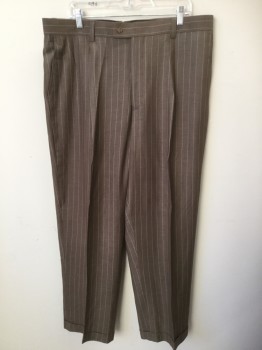 Mens, Suit, Pants, ROSSI MAN, Lt Brown, Lt Pink, Cream, Wool, Polyester, Stripes - Vertical , Paisley/Swirls, 31, 38, Pants, 1 Pleat Front, Zip Front, 4 Pockets with Cuffs