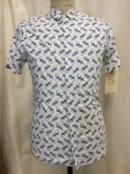 TOPMAN, White, Navy Blue, White, Yellow, Cotton, Polyester, Novelty Pattern, White with Navy/ Blue/ Yellow Lizard Print, Button Front, Collar Attached, Short Sleeves,