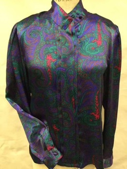 NICOLA, Purple, Teal Green, Pink, Rust Orange, Black, Polyester, Paisley/Swirls, Purple W/teal Green, Pink, Rust, Black Large Paisley Print, Collar Attached, 2 Pleat Front Center W/hidden Button Front, Long Sleeves,