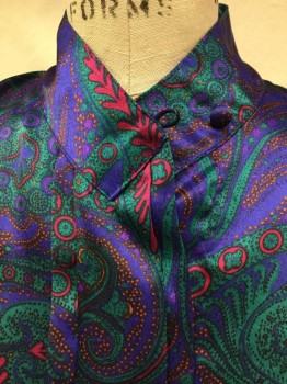 NICOLA, Purple, Teal Green, Pink, Rust Orange, Black, Polyester, Paisley/Swirls, Purple W/teal Green, Pink, Rust, Black Large Paisley Print, Collar Attached, 2 Pleat Front Center W/hidden Button Front, Long Sleeves,