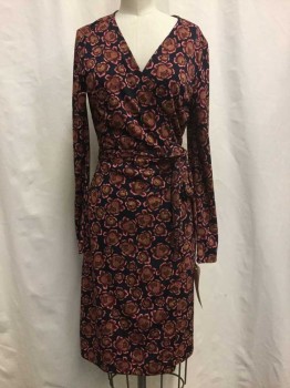 Womens, Dress, Long & 3/4 Sleeve, ANNE KLEIN, Navy Blue, Pink, Red Burgundy, Green, Synthetic, Floral, 8, Navy with Pink/ Burgundy/ Green Floral Print, Self Tie Wrap Style, Long Sleeves, V-neck,