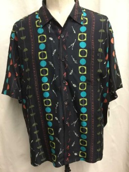 AXIS, Black, Turquoise Blue, Chartreuse Green, Rust Orange, Silk, Geometric, Stripes - Vertical , Button Front, Short Sleeve,  Collar Attached, 1 Pocket, Geometric Shapes In Vertical Strip