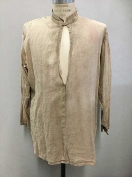 Mens, Historical Fiction Shirt, N/L, Tan Brown, Cotton, Solid, Long Sleeves, Band Collar,  1 Button & Loop Closure At Neck, Pullover, Aged + Stained Throughout