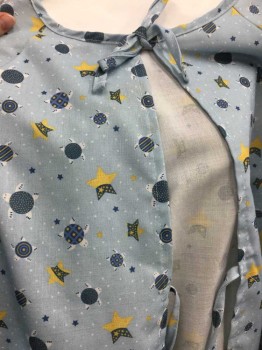 Unisex, Child, Patient Gown, Fashion Seal, Lt Blue, White, Blue, Yellow, Polyester, Graphic, M, Turtles & Stars Graphic, Short Sleeve,  Lacing/Ties Up Back