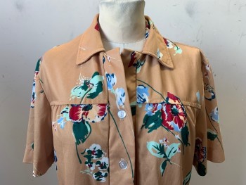 N/L, Khaki Brown, Forest Green, Lt Blue, Mint Green, Maroon Red, Polyester, Floral, 1/2 Button Front, Collar Attached, Short Sleeves, Knit,