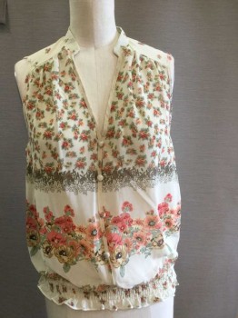 LOVE CULTURE, Cream, Lt Green, Peach Orange, Pink, Gray, Polyester, Floral, Sleeveless, Sheer, V-neck, Faux Button Front, Band Collar, Gathered at Shoulders, Smocked Waistband, Gathered at Back Yoke