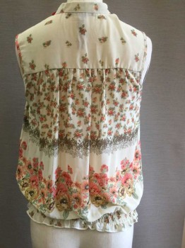 Womens, Top, LOVE CULTURE, Cream, Lt Green, Peach Orange, Pink, Gray, Polyester, Floral, S, Sleeveless, Sheer, V-neck, Faux Button Front, Band Collar, Gathered at Shoulders, Smocked Waistband, Gathered at Back Yoke