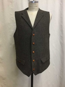 Mens, Historical Fiction Vest, MTO, Gray, Brown, Black, Wool, Heathered, Diamonds, CH 40, Heather Gray/ Black/ Brown Diamond Print, Button Front, Notched Lapel, 2 Pockets, 1700's