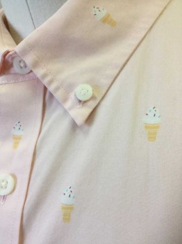 1901, Lt Pink, White, Tan Brown, Cotton, Novelty Pattern, Light Pink with Novelty Ice Cream Cones Pattern, Short Sleeve Button Front, Collar Attached, Button Down Collar,  1 Pocket