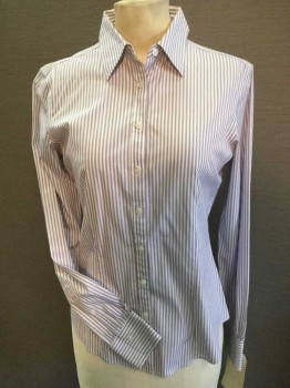 Womens, Blouse, BROOKS BROTHERS, White, Magenta Purple, Lt Gray, Cotton, Spandex, Stripes - Vertical , 2, White W/light Gray and Magenta-purple Vertical Stripes, Collar Attached, Button Front, Long Sleeves,