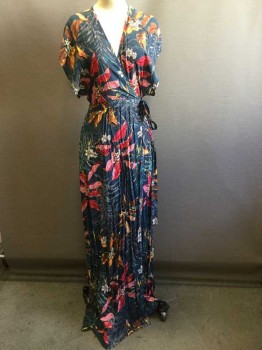 TYSA, Teal Blue, Red, Yellow, Brown, Gray, Rayon, Floral, Wrap Dress, Cap Sleeve, Self Belt