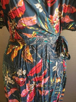 TYSA, Teal Blue, Red, Yellow, Brown, Gray, Rayon, Floral, Wrap Dress, Cap Sleeve, Self Belt