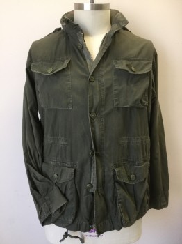 Mens, Casual Jacket, GAP, Lt Olive Grn, Cotton, Solid, M, Light Olive, Collar Attached W/hood Inside Zipper, 4 Pockets W/flap, Zip and Snap Front, Long Sleeves