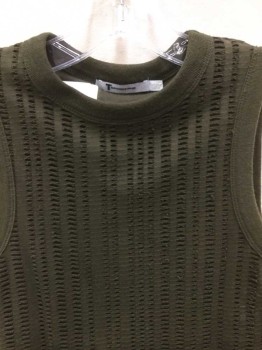 Womens, Top, ALEXANDER WANG, Olive Green, Cotton, Polyester, XS, (TRIPLE)  Olive, Vertical Cut Out Oval Holes, Crew Neck, Sleeveless