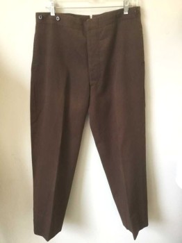 N/L, Brown, Cotton, Solid, Twill, Button Fly, Suspender Buttons at Outside Waist, 2 Side Seam Pockets, Belted Back, Made To Order Reproduction,