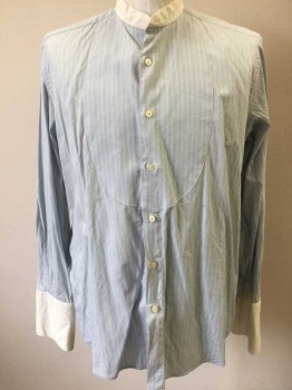 PRES DU CORPS , Lt Blue, White, Cotton, Stripes - Pin, Light Blue with White Pinstripe, Long Sleeve Button Front, Solid White Band Collar and French Cuffs,  Bib Panel at Front Chest, Reproduction Turn of the Century