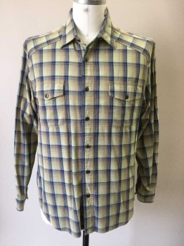 LUCKY BRAND, Mint Green, Navy Blue, White, Beige, Cotton, Plaid, Button Front, Collar Attached, Long Sleeves, Shoulder Panels, 2 Flap Pockets, Metal Buttons
