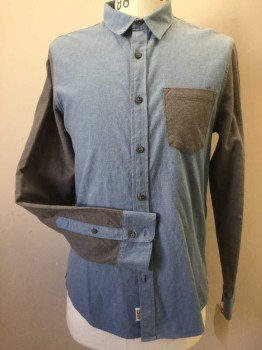 1901, Lt Blue, Gray, Cotton, Color Blocking, Button Front, Collar Attached, Long Sleeves, 1 Pocket, Flannel