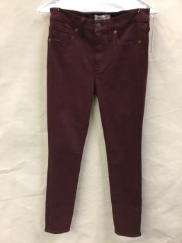 Womens, Pants, MADEWELL, Red Burgundy, Cotton, Spandex, Solid, 25, Jegging Style, Stretch Denim, Skinny Leg, Zip Fly, 5 Pockets, Belt Loops