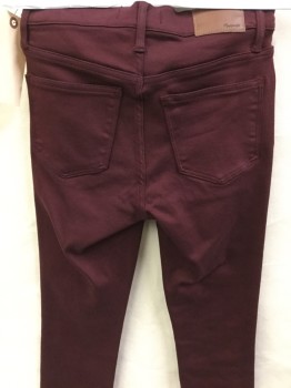 MADEWELL, Red Burgundy, Cotton, Spandex, Solid, Jegging Style, Stretch Denim, Skinny Leg, Zip Fly, 5 Pockets, Belt Loops