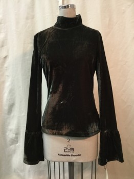 Womens, Top, RENAMED, Charcoal Gray, Synthetic, Solid, L, Charcoal Velvet, Mock Neck, Long Sleeves with Gathered Cuffs