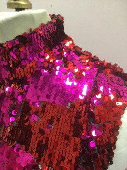 Womens, Cocktail Dress, HALPERN, Red, Magenta Purple, Sequins, Solid, B:34, Changeable Red/Magenta Paillette Sequins, Cold Shoulders with Large/Voluminous Long Sleeves with Open Drapey Shoulders, are Tapered in to Ruffled Cuffs, Mock Neck, Flared Handkerchief Hem, Hem Mini, High End/Designer