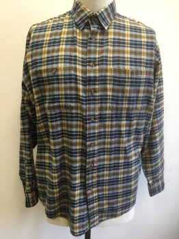 Mens, Casual Shirt, WINDRIDGE, Navy Blue, Tan Brown, Multi-color, Blue, Red, Acrylic, Plaid, XLT, Flannel, Long Sleeve Button Front, Collar Attached, 2 Patch Pockets with Button Closure