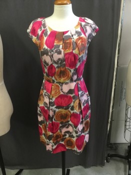 BCBG, Fuchsia Pink, Coral Pink, Gray, Orange, White, Silk, Floral, Cap Sleeve, Pleated Front, Scoop Neck, Side Pockets