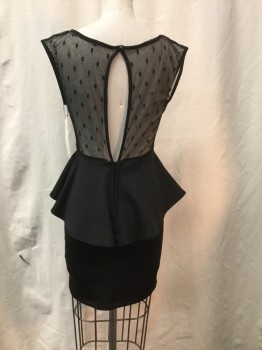 Womens, Cocktail Dress, FOREIGN EXCHANGE, Black, Spandex, Dots, Solid, S, Scoop Neck, Sleeveless, Dotted Stretch Mesh Yoke, Sweetheart Bib Front, Back Zipper, Straight Skirt with Waist Flounce