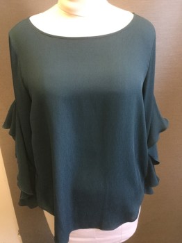 ANN TAYLOR, Teal Blue, Polyester, Solid, Boat Neck, Ruffled 3/4 Sleeves, Pull Over