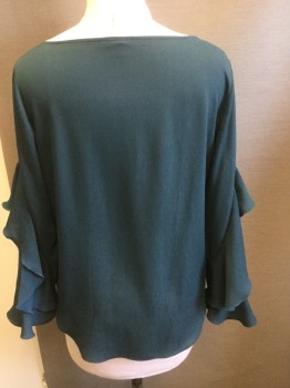 ANN TAYLOR, Teal Blue, Polyester, Solid, Boat Neck, Ruffled 3/4 Sleeves, Pull Over