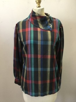 QUEENS WAY To FASHIO, Navy Blue, Red, Purple, Yellow, Green, Polyester, Cotton, Plaid, Pullover, Button Shoulder, Oversize Half Collar, Long Sleeves, Gathered Inset Sleeve, Barcode Under Shoulder Buttons