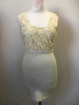 Womens, Cocktail Dress, WOW COUTURE, Cream, Gold, Butter Yellow, Synthetic, Metallic/Metal, Geometric, Solid, W28, L, Sleeveless, Tiny Gold Sequins with Large Fish Scale Embroidery, Skirt Heavy Weight Knit with Gold, Center Back Zipper, 2 Straps Crisscross Center Back, Knit,
