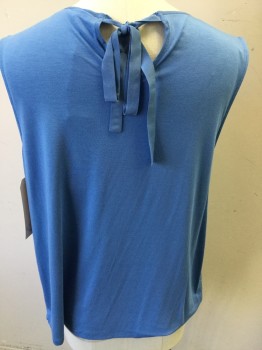 MAX MARA WEEKEND, Blue, Silk, Rayon, Solid, Sleeveless, Pull Over, Pleated Detail on Front, Keyhole Tie Back Neck, Silk Front & Rayon Back