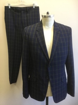 TOPMAN, Navy Blue, Gray, Black, Polyester, Viscose, Plaid-  Windowpane, Navy with Gray and Black Windowpane Stripes Pattern, Single Breasted, Notched Lapel, 2 Buttons, 3 Pockets, Solid Navy Lining