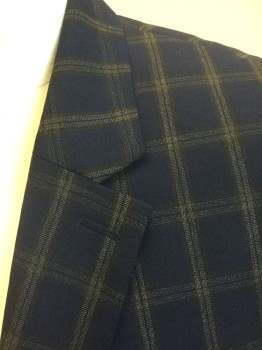 TOPMAN, Navy Blue, Gray, Black, Polyester, Viscose, Plaid-  Windowpane, Navy with Gray and Black Windowpane Stripes Pattern, Single Breasted, Notched Lapel, 2 Buttons, 3 Pockets, Solid Navy Lining