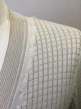 Mens, Cardigan Sweater, TOM FORD, Beige, Silk, Cotton, Solid, Grid , 38, Self Grid Texture Lightweight Knit, Long Sleeves, V-neck, 5 Buttons, 3 Patch Pockets