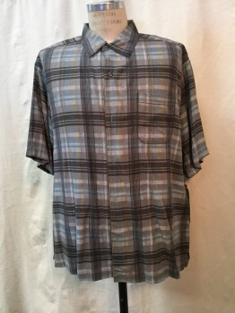 TOMMY BAHAMA, Gray, Charcoal Gray, Lt Gray, Blue, Yellow, Silk, Plaid, Gray/ Charcoal/ Light Gray/ Blue/ Yellow Plaid, Button Front, Collar Attached, Short Sleeves, 1 Pocket,