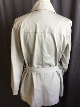 BANANA REPUBLIC, Khaki Brown, Cotton, Polyester, Solid, Collar Attached, Lt Khaki/gold Lining, Turtle Shell Button Front, 2 Slant Pockets with Flap, Long Sleeves, Split Center Hem, with Self Matching Belt