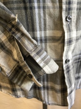 CLAIRBORNE, Heather Gray, Black, Lt Gray, Baby Blue, Cotton, Plaid, Collar Attached, Button Front, Long Sleeves, 1 Pocket