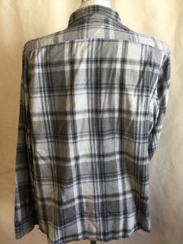 CLAIRBORNE, Heather Gray, Black, Lt Gray, Baby Blue, Cotton, Plaid, Collar Attached, Button Front, Long Sleeves, 1 Pocket
