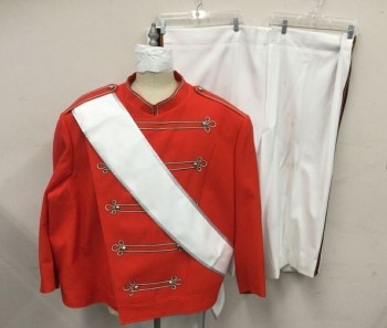 MTO, Red, Polyester, Solid, MARCHING BAND UNIFORM for WALKABOUT: Asymmetrical Snap Closure, White/Black Ribbon Line and Swirl Detail with Silver Rounded Button, Mandarin Collar, Epaulets, White Sash with Silver Trim, Slit to Loop Self Through