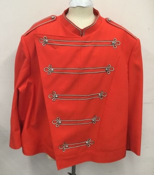 Unisex, Top, MTO, Red, Polyester, Solid, Ch: 66, MARCHING BAND UNIFORM for WALKABOUT: Asymmetrical Snap Closure, White/Black Ribbon Line and Swirl Detail with Silver Rounded Button, Mandarin Collar, Epaulets, White Sash with Silver Trim, Slit to Loop Self Through