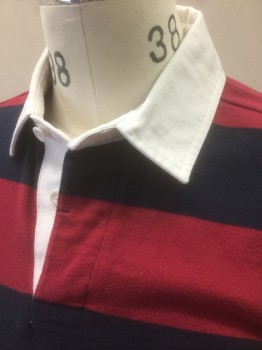 OLD NAVY, Maroon Red, Navy Blue, White, Cotton, Stripes - Horizontal , Rugby Shirt, Jersey, Maroon/Navy Stripe with White Woven Collar, Long Sleeves, 3 Button Placket