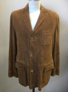 Mens, Leather Jacket, FACONNABLE, Caramel Brown, Suede, Solid, Large, 3 Buttons,  3 Pockets, Notched Lapel, Elbow Patches