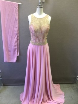 GLS APAREL, Lt Pink, Gold, Silver, Polyester, Rhinestones, Solid, Stripes - Vertical , Sheer Light Pink Bodice, Net Overlay with Stripes of Clear Rhinestones W/gold Frame, Slvlss, Round Neck,  Underlayer is Opaque Light Pink Poly/chiffon with Strapless Base, Floor Length Skirt, Matching Chiffon Scarf